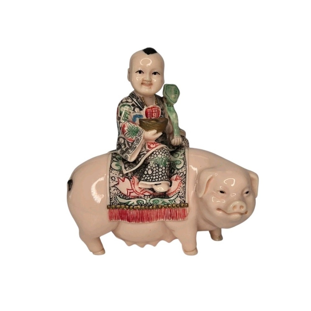 Vintage Chinese Monk On A Pig, Colorful Ceramic 5" X 5" Chinoiserie Maximalist